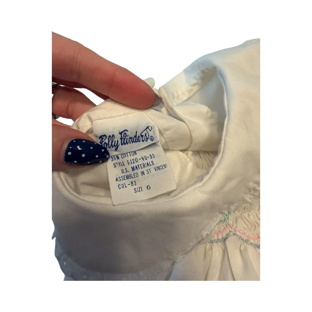 Vintage Polly Flinders Hand Smocked Floral Dress White Size 6 Peter Pan Collar